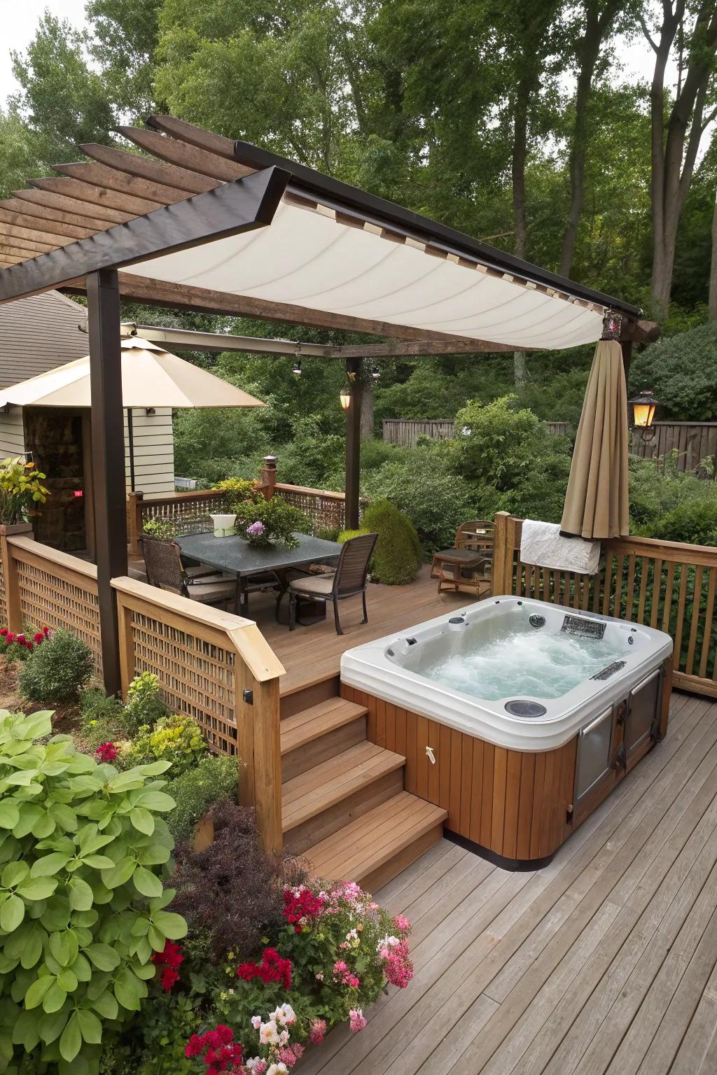 A year-round retreat with adaptable coverage for the hot tub.