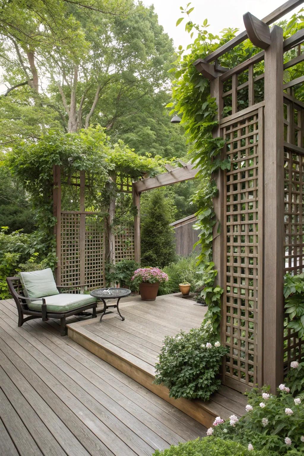 A deck offering privacy with stylish screens.