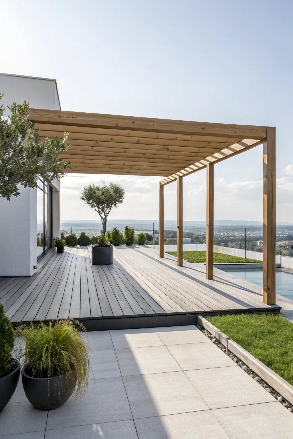 A sleek, minimalist pergola for a contemporary deck aesthetic.
