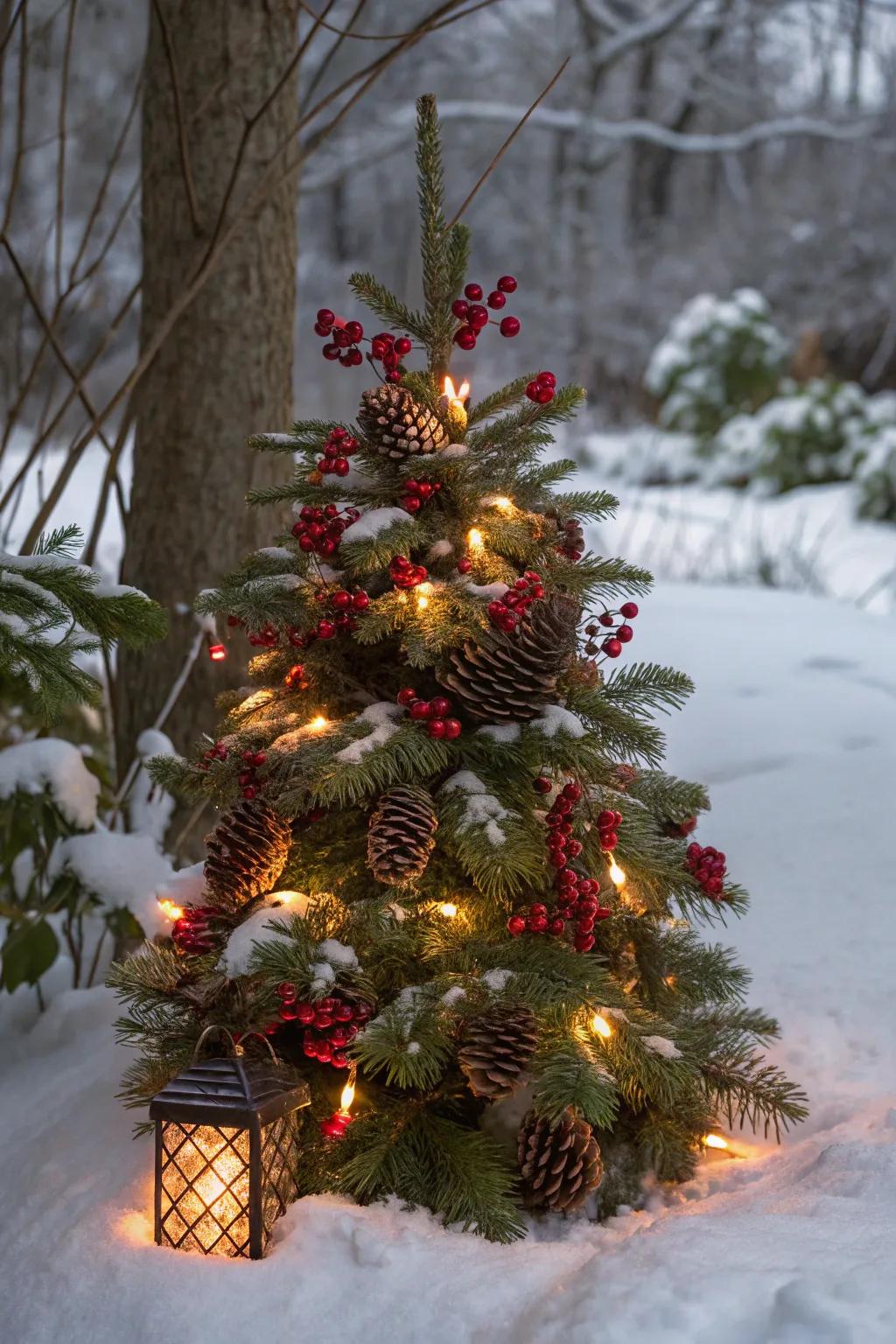 A winter berries-themed Christmas tree sporting natural lights and decorations.