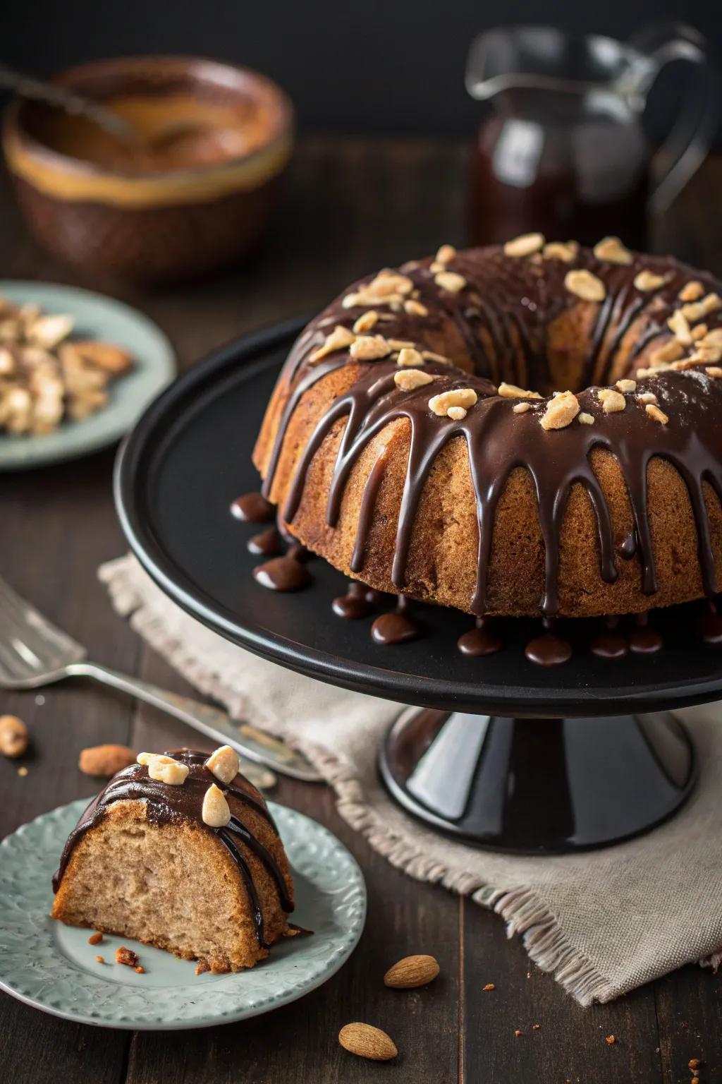 The luscious blend of chocolate and peanut butter on a bundt cake.