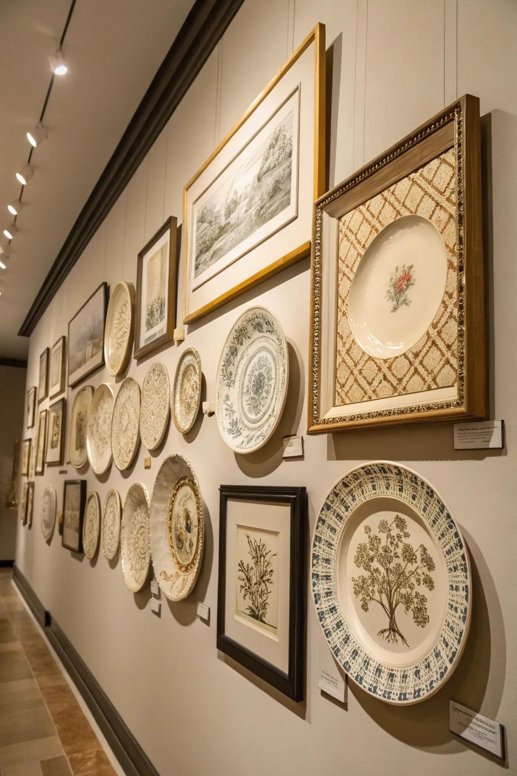 Framed dishes transform into sophisticated wall art.