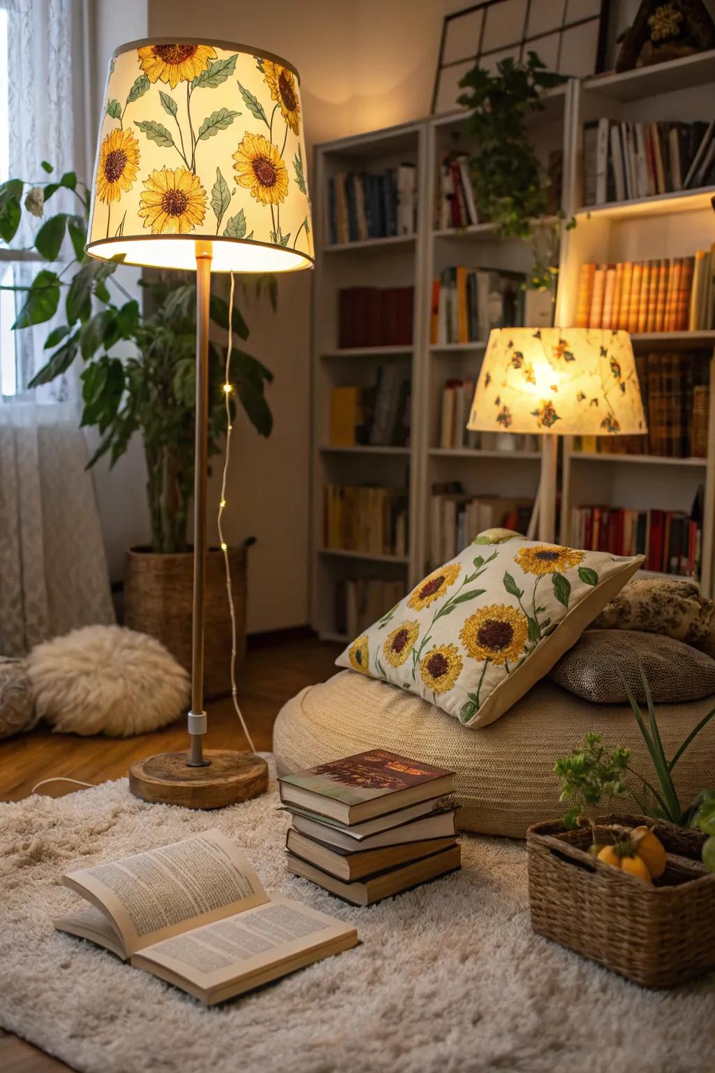 Sunflower light coverings introduce coziness and a cheerful ambiance to any area.