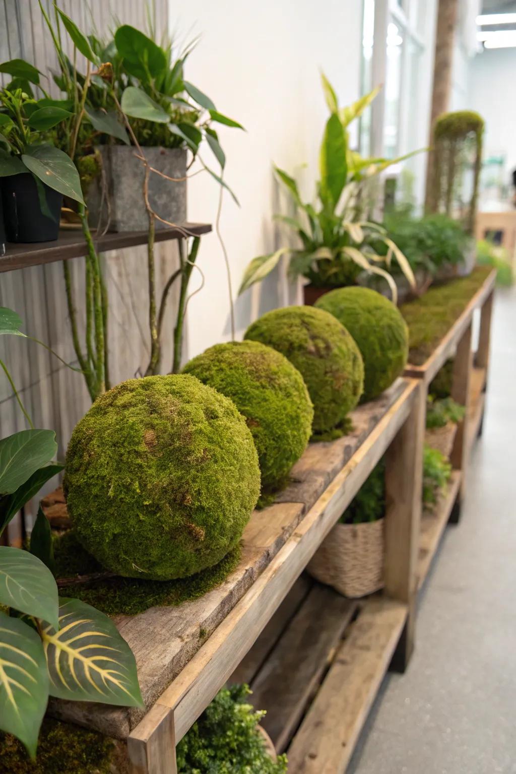 Moss-enclosed orbs introducing the garden indoors