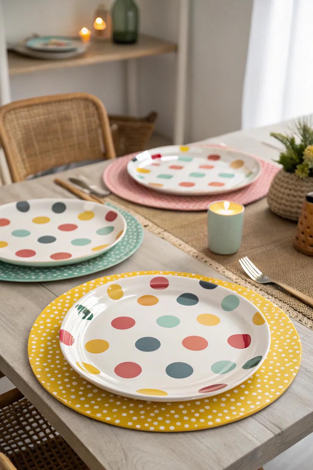 Playful patterned serving plates for a lively table presentation.