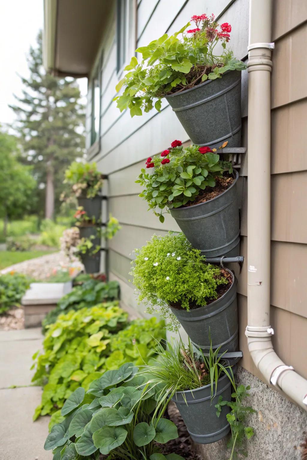 Tiered planter displays add charm and practicality to downspouts.