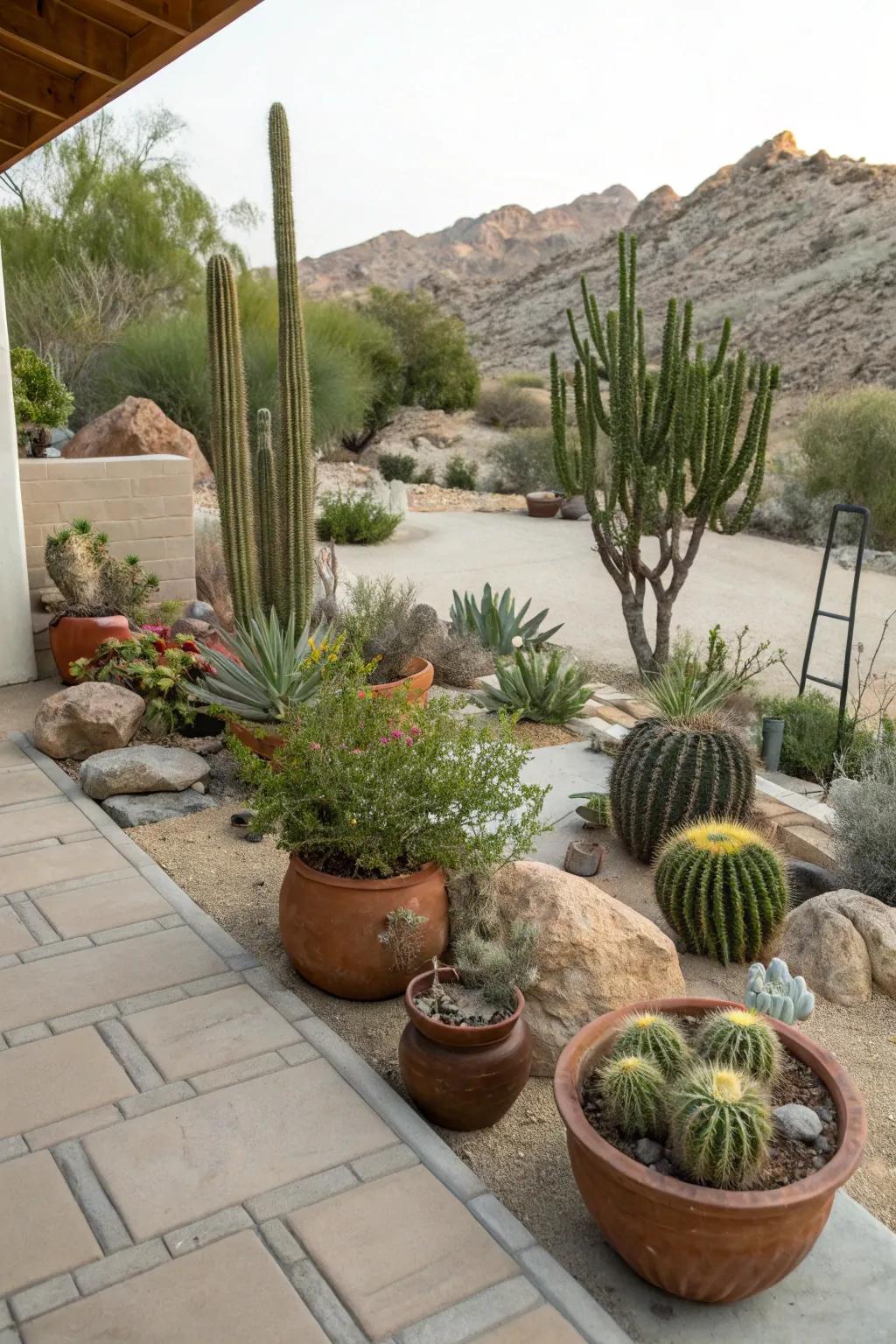 Plants in pots make desert landscaping easy to change and move around.