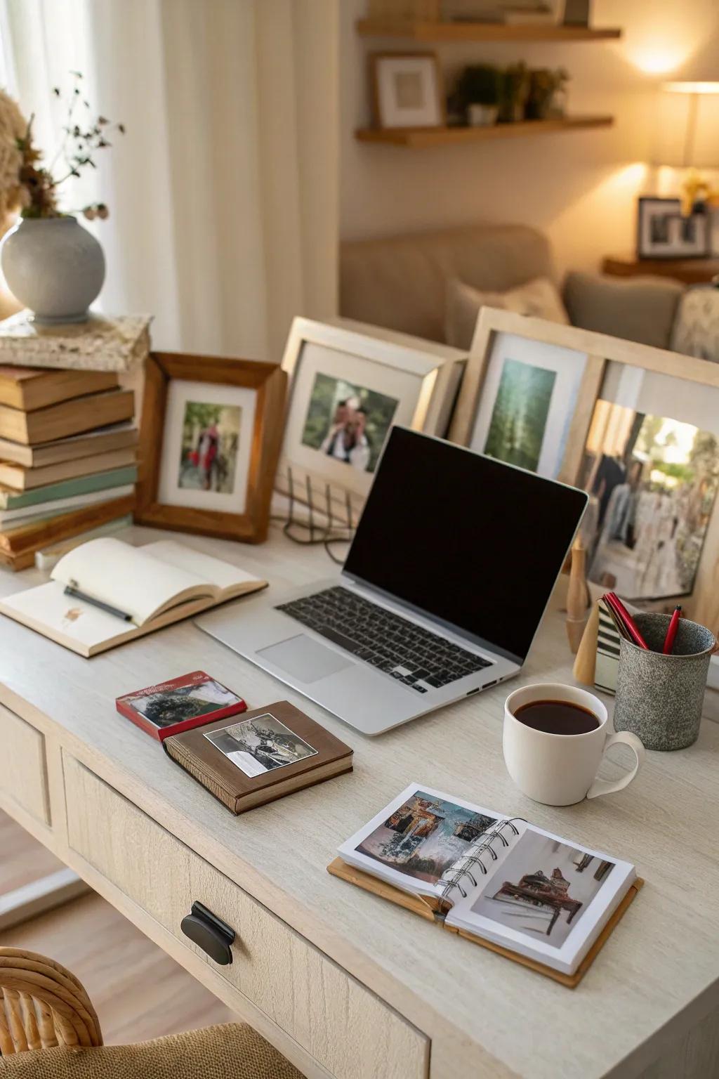 Personal photos bring warmth and personality to your desk.
