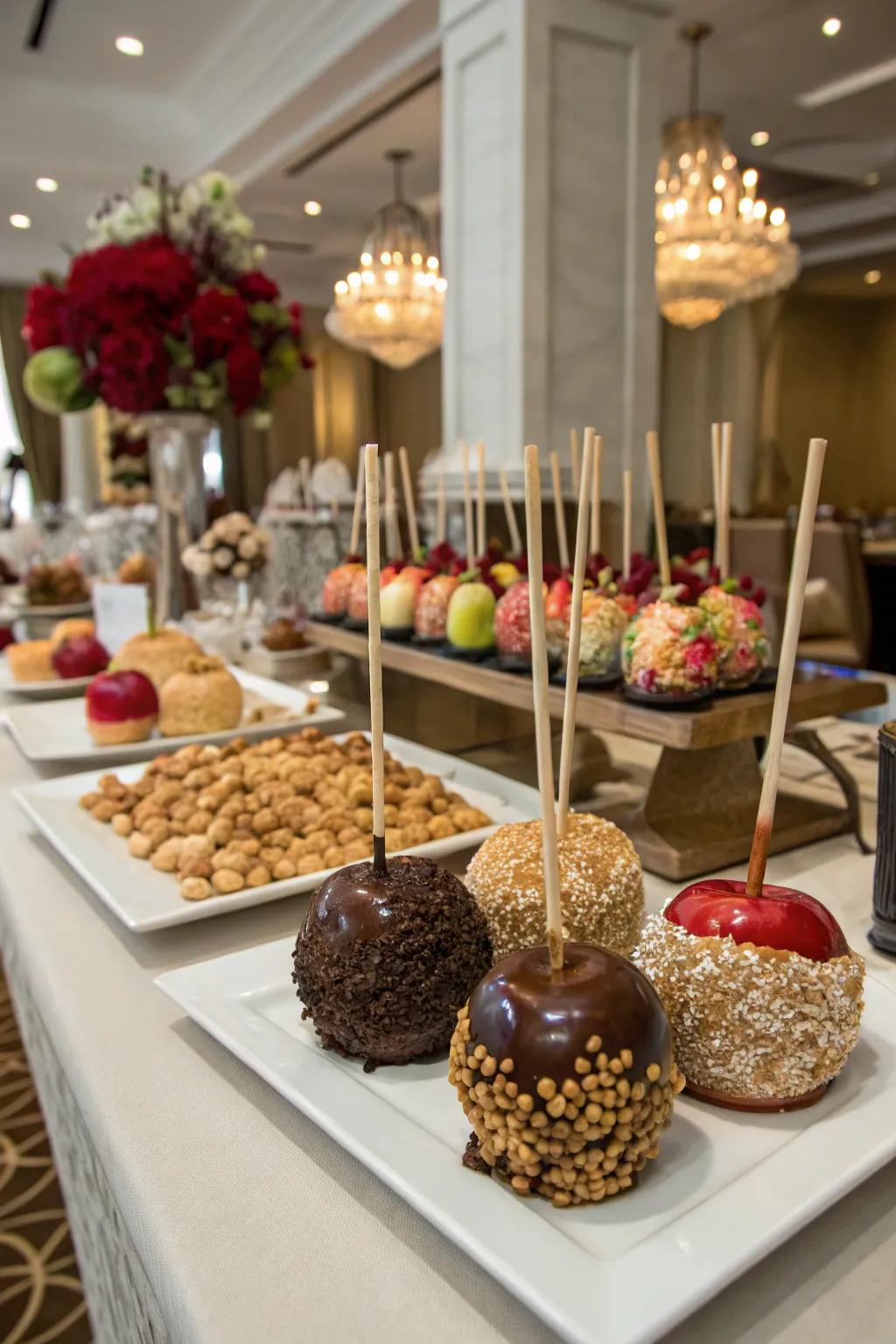 Gourmet candy apples add flavor to dessert displays.