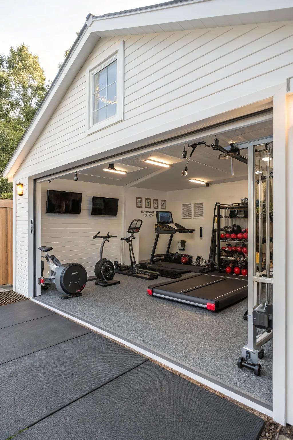 A fitness zone within your garage for fitness devotees.