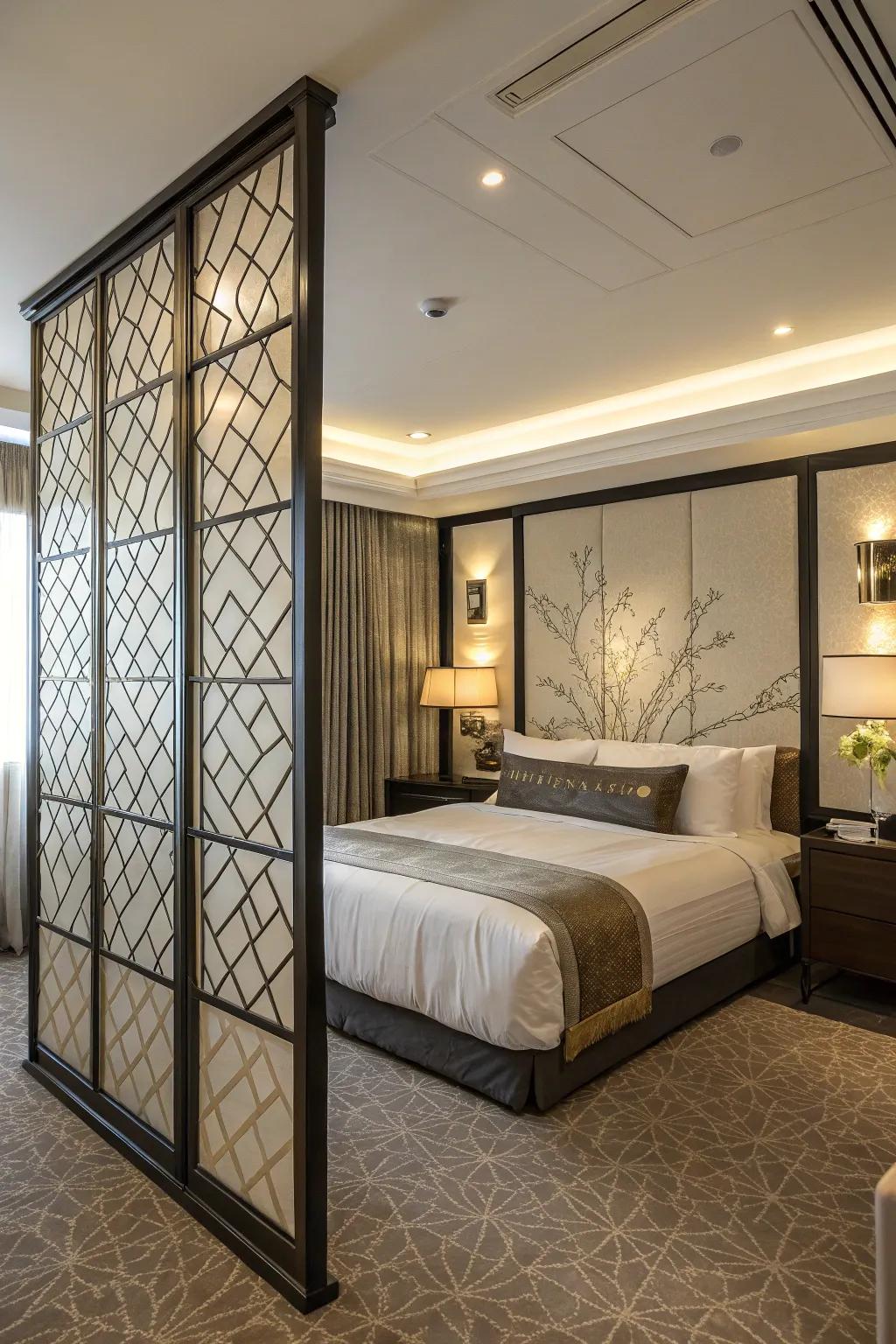 Employing a room partition provides privacy and defines the bed's diagonal area.
