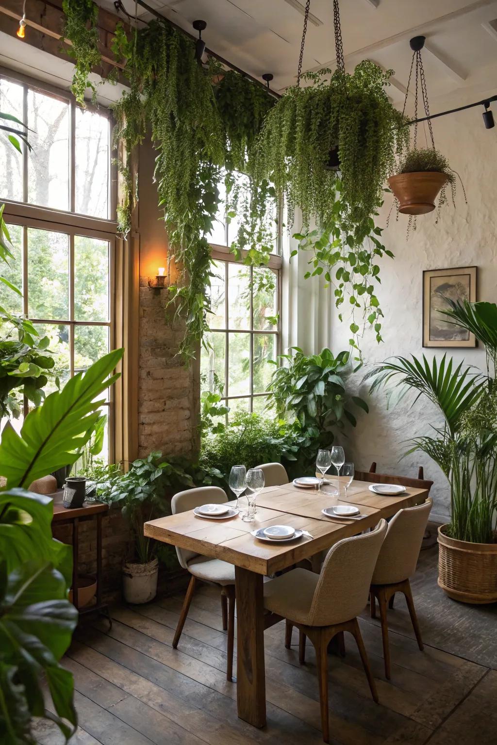 Greenery that enlivens the dining space with a natural touch.