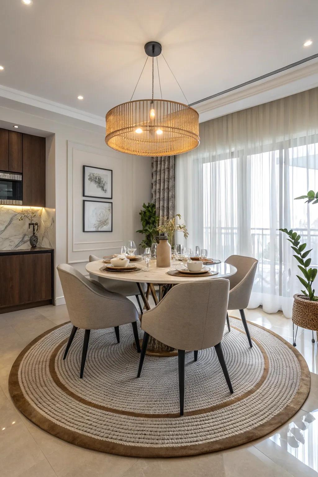 Experimenting with configurations by utilizing a circular rug throughout the dining room.