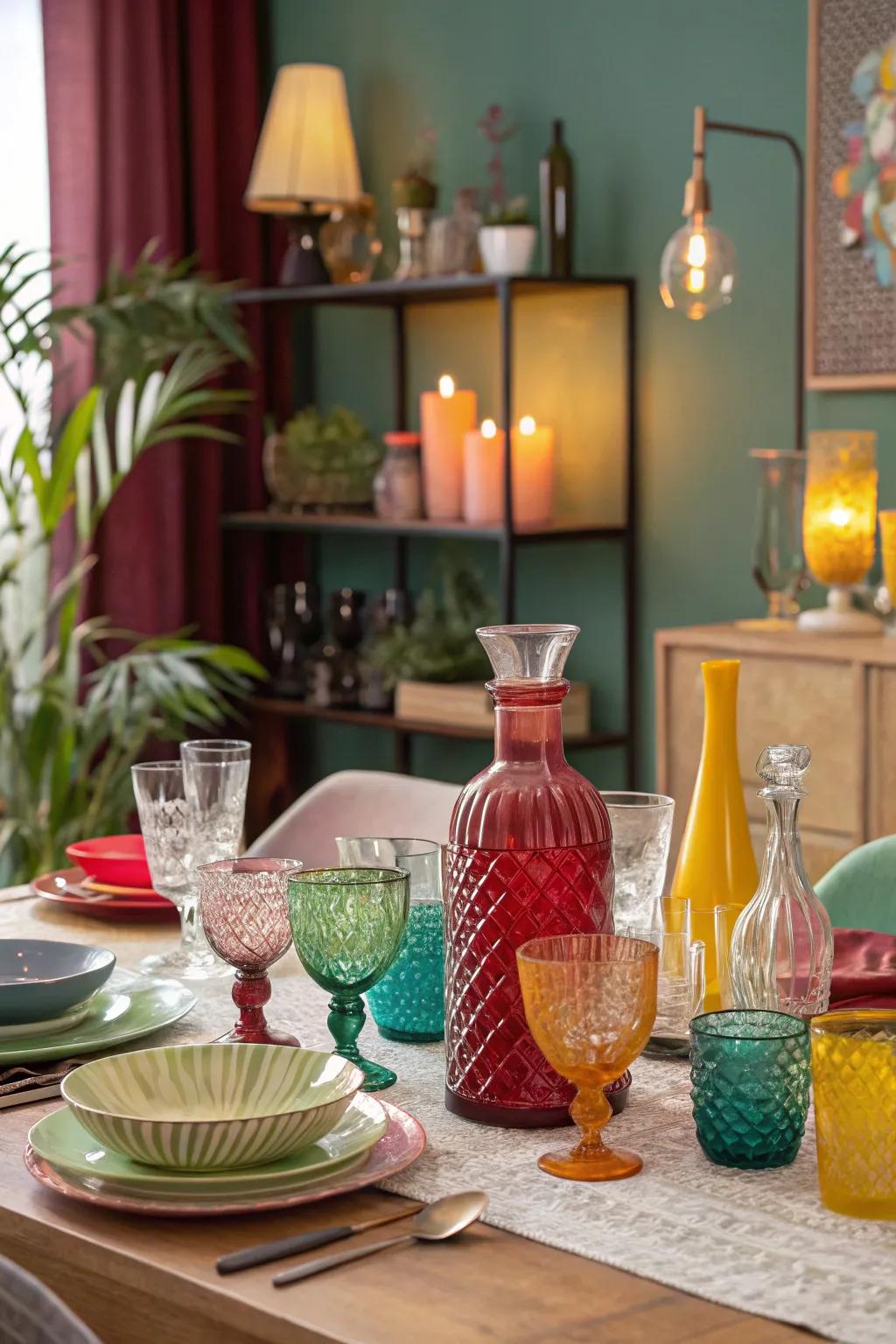 Diverse glassware lends a vibrant touch to the table.
