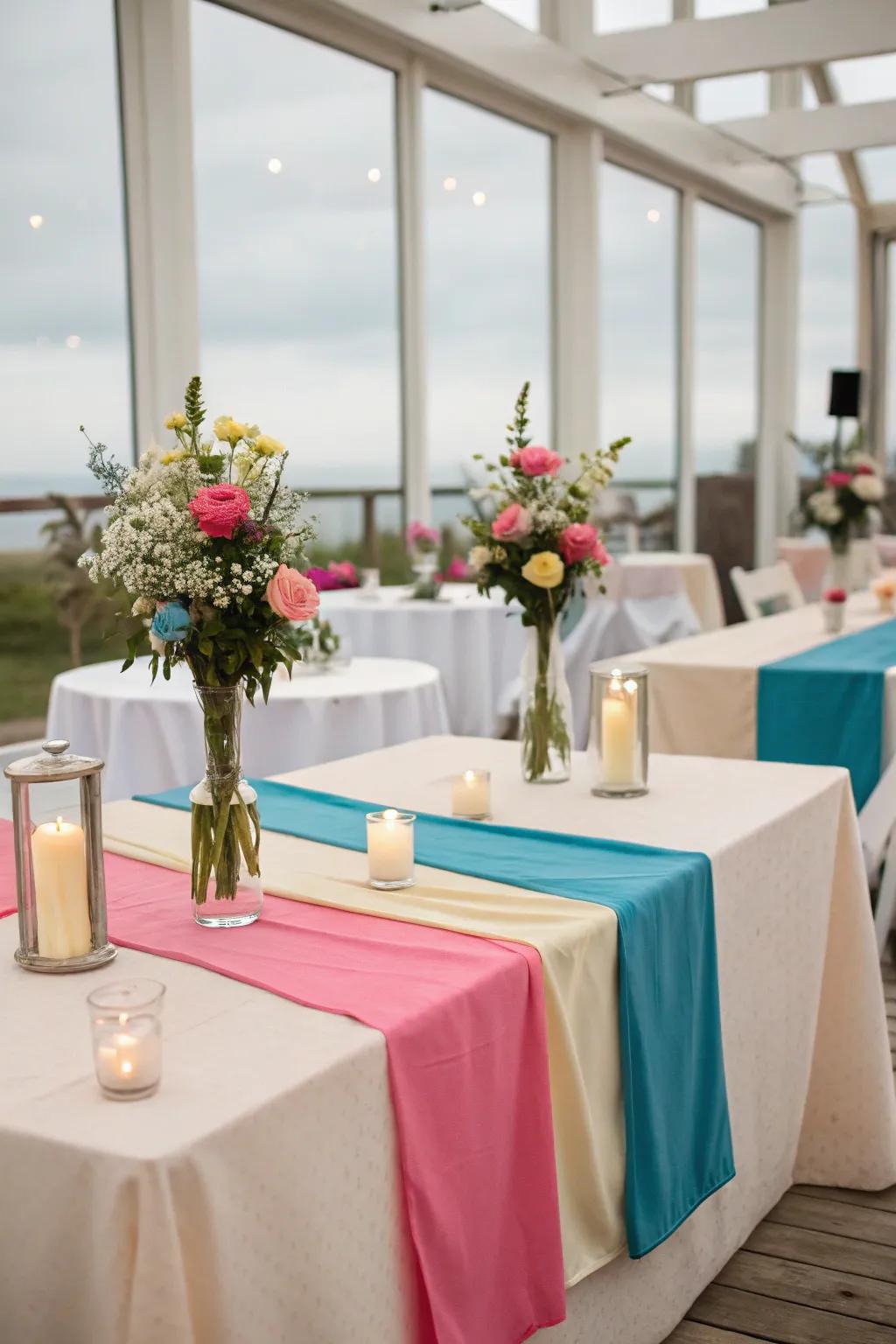 Striking tables with vibrant cloth paths.