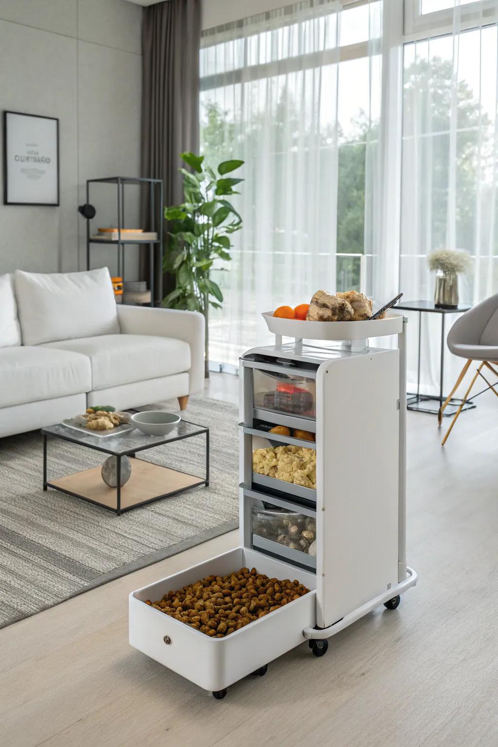A pet food storage cart makes feeding easier with its mobility and convenience.