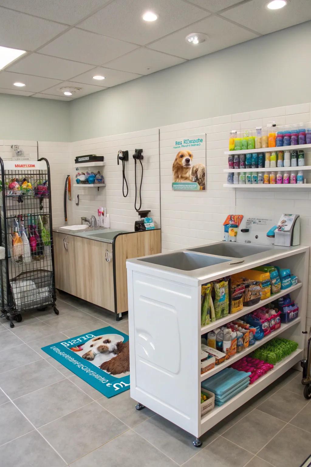 A functional retail corner with appealing animal products.