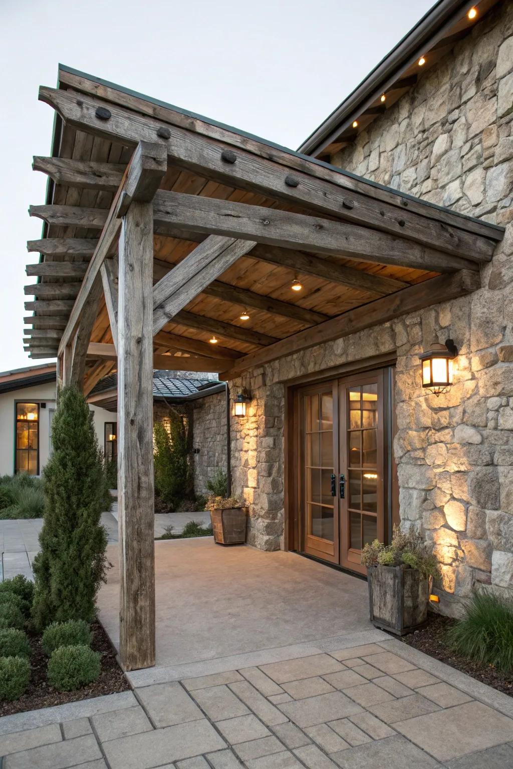 A lumber beam awning enhancing the natural charm of the entrance.