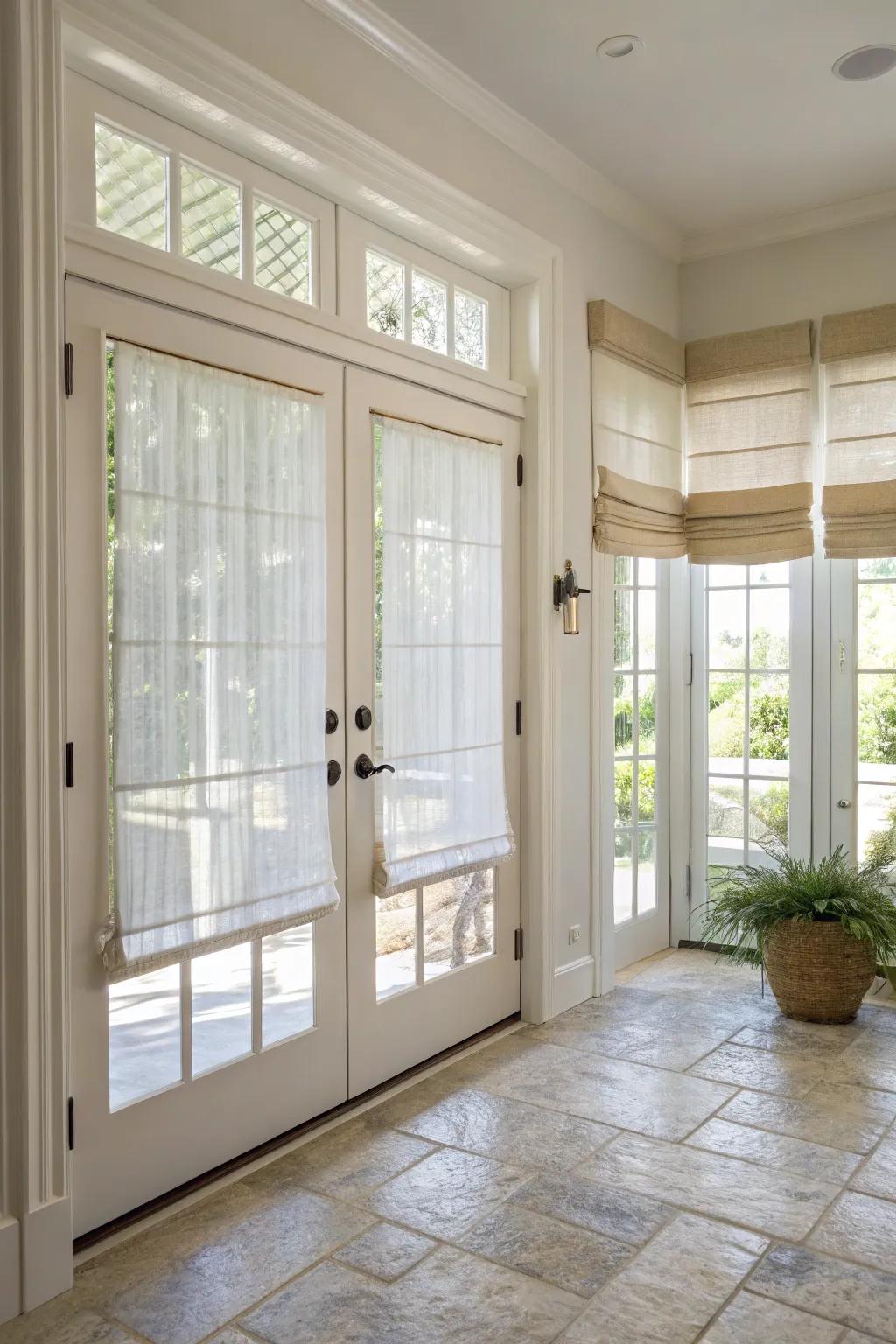 Thin shades provide soft light and privacy for door windows.