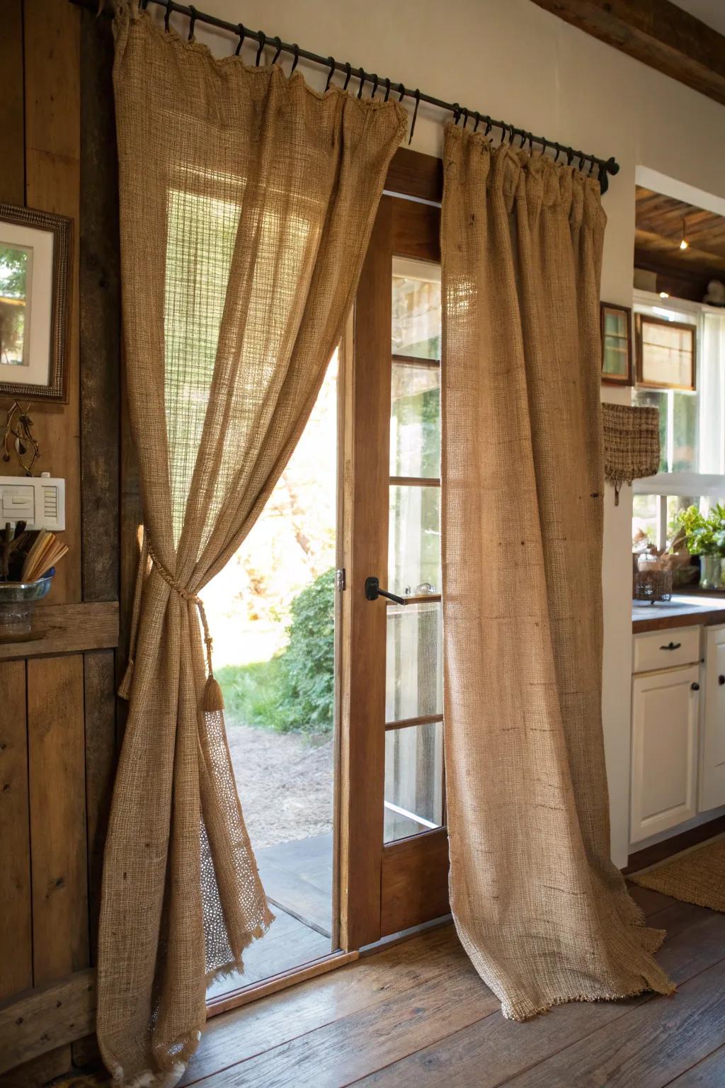 Burlap curtains lend rustic warmth and texture.