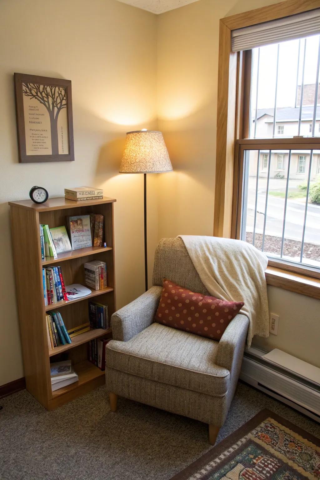 In your dorm, a cozy reading nook provides a tranquil haven.