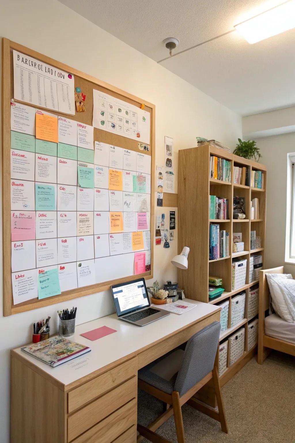 A board helps keep the dorm area organized.