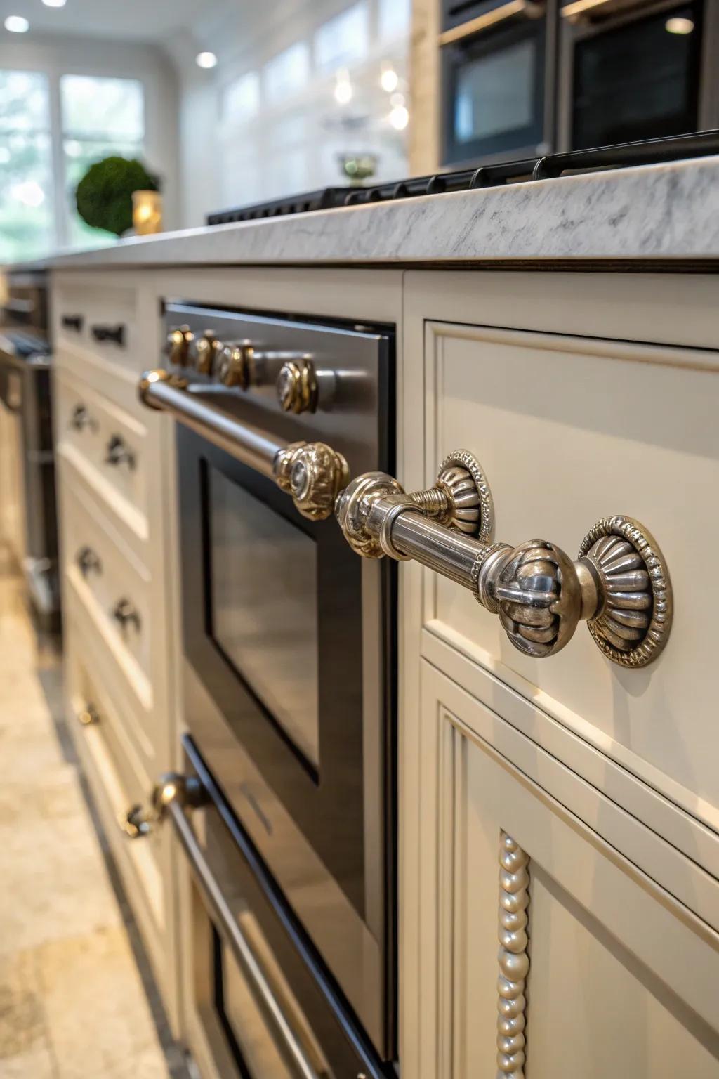 A close-up of emphatic fixtures on a double oven cabinet, emphasizing unique design features.