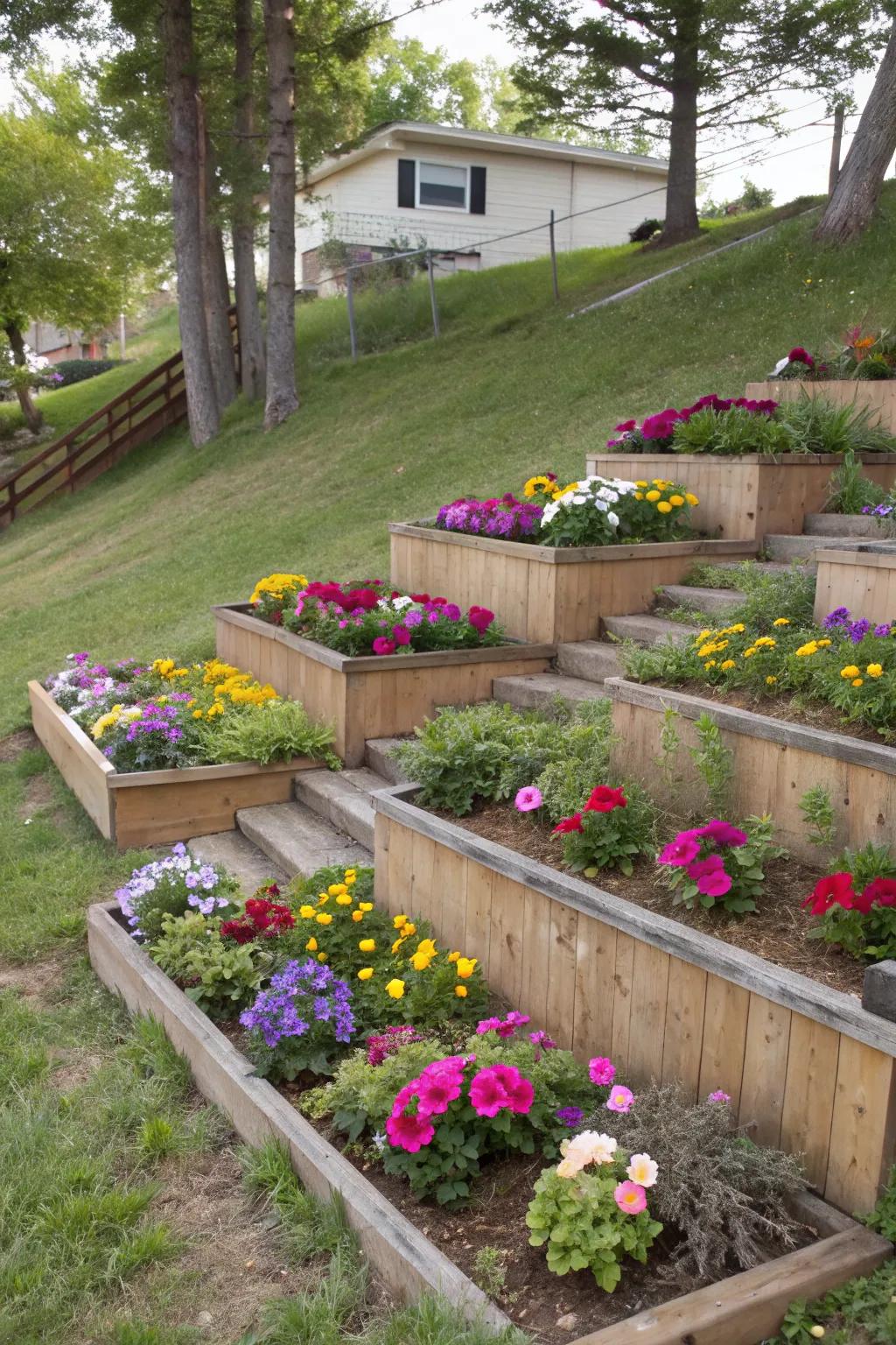 Staggered planters infuse vibrant hue and texture to sloped gardens.