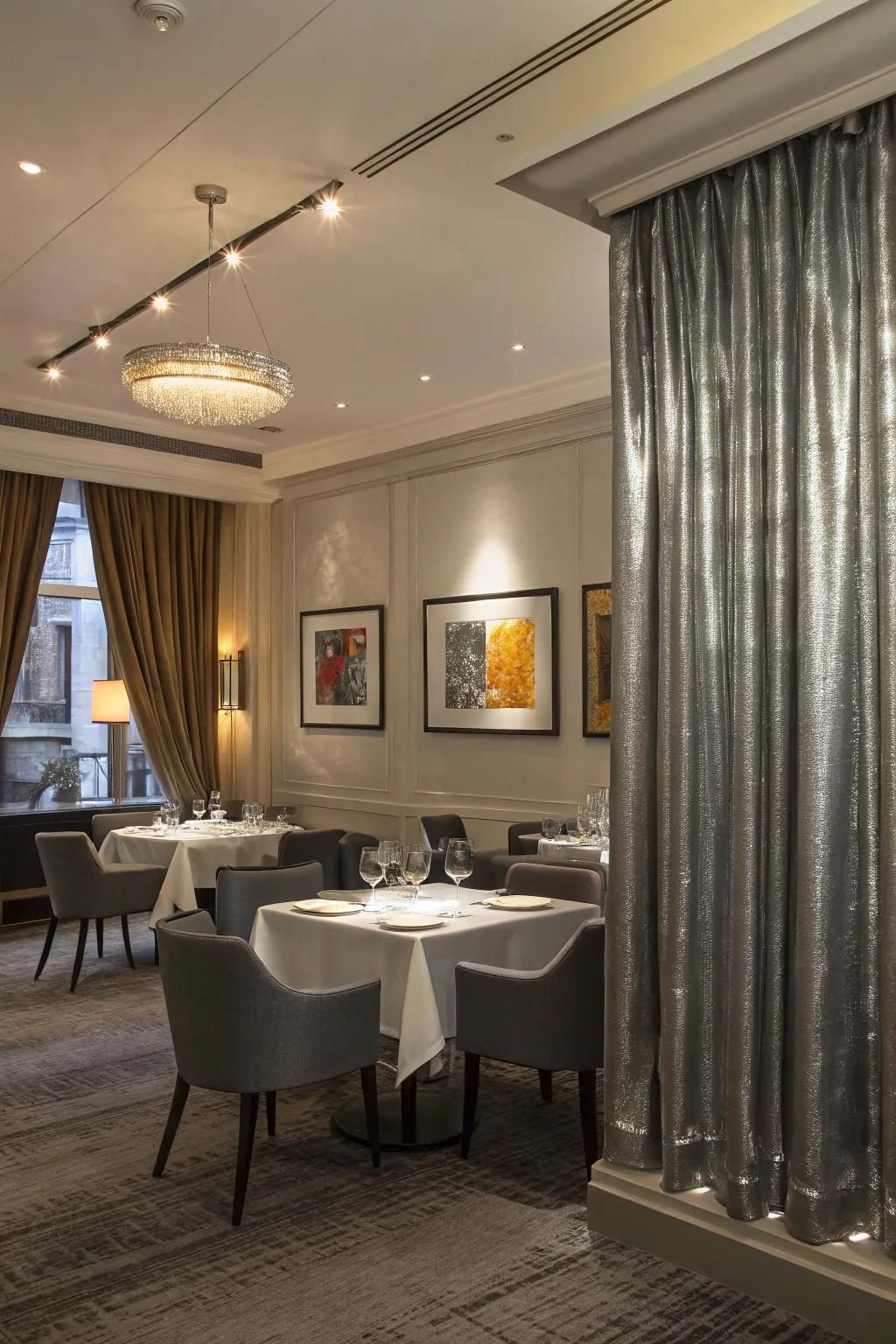 Argent metallic draperies incorporating a chic and contemporary accent into a dining area.