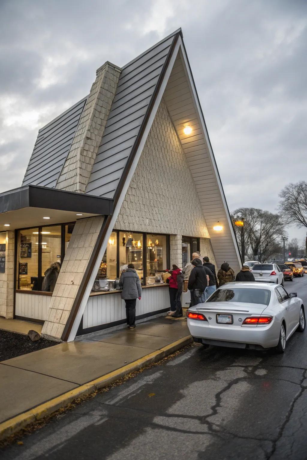 Drive-thru coffee shop featuring an eye-catching asymmetrical scheme.