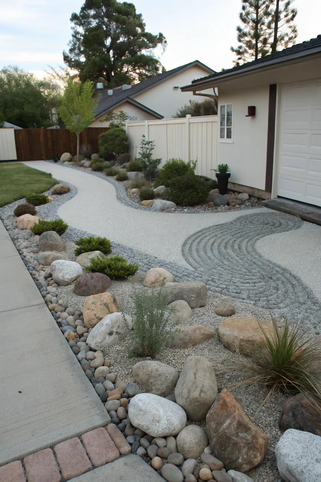 A silent rock garden adds serenity to the driveway berm.