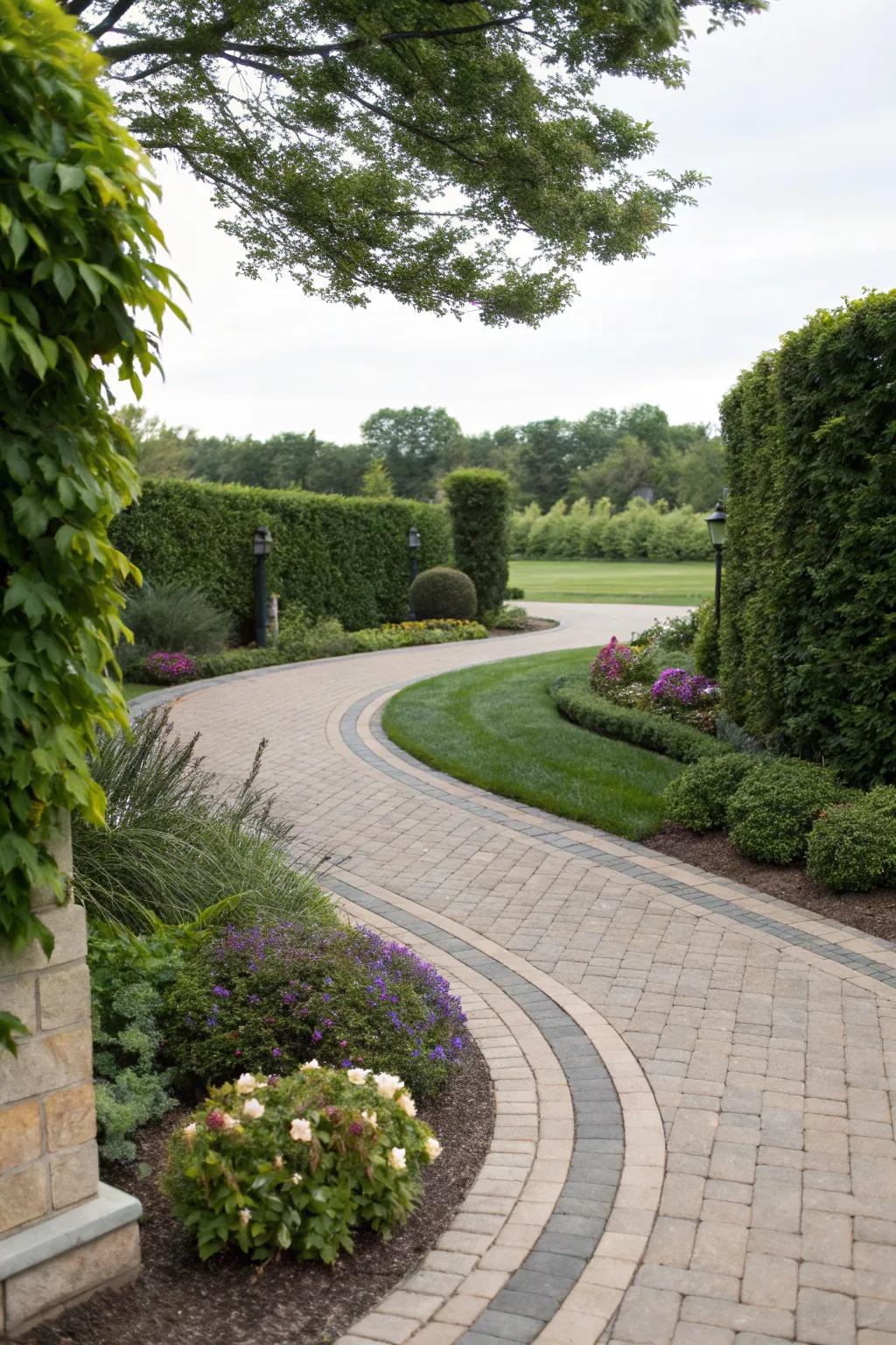 Fluid flow with arched driveway paths and lush surroundings.