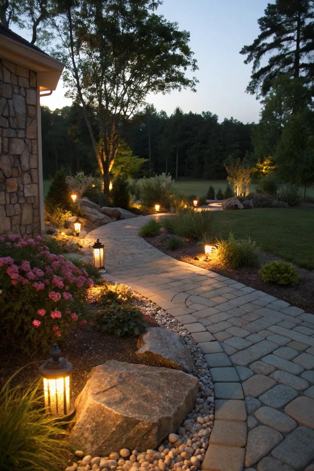 Driveway lighting elements crafting an impressive nocturnal vista.