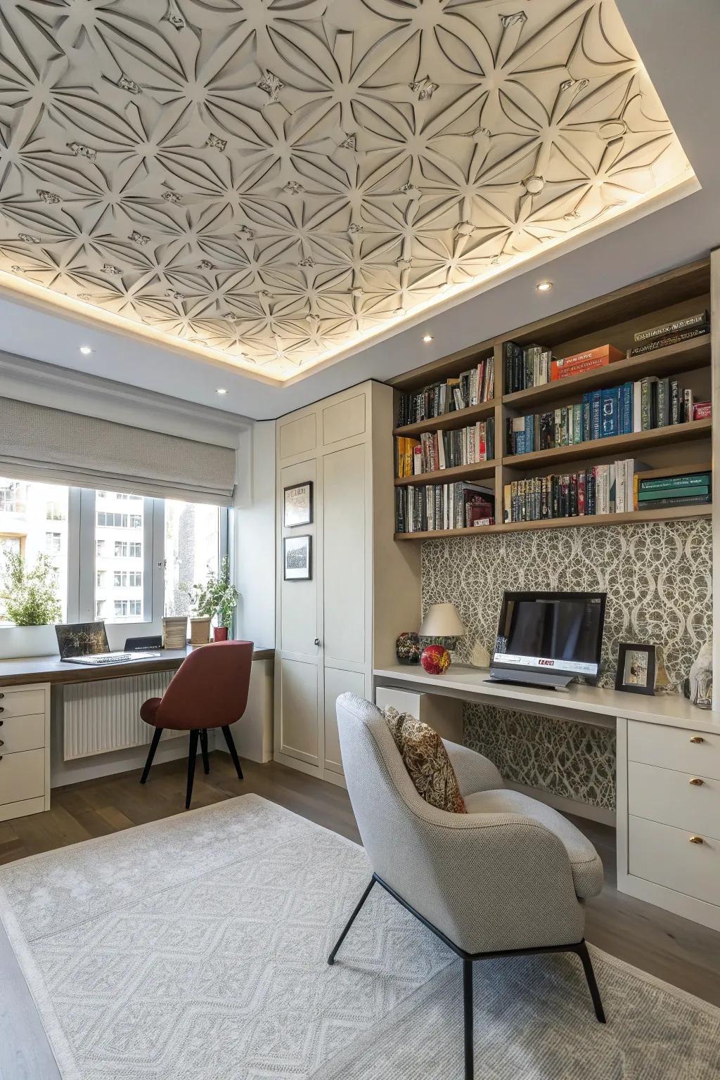 Contemporary style featuring geometric design ceiling squares.