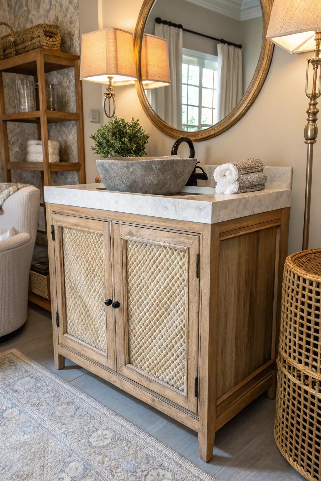 Mesh adds texture and bohemian flair to this water closet table.