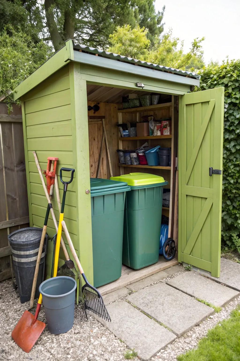Garden storage units offer practical storage and conceal refuse containers.