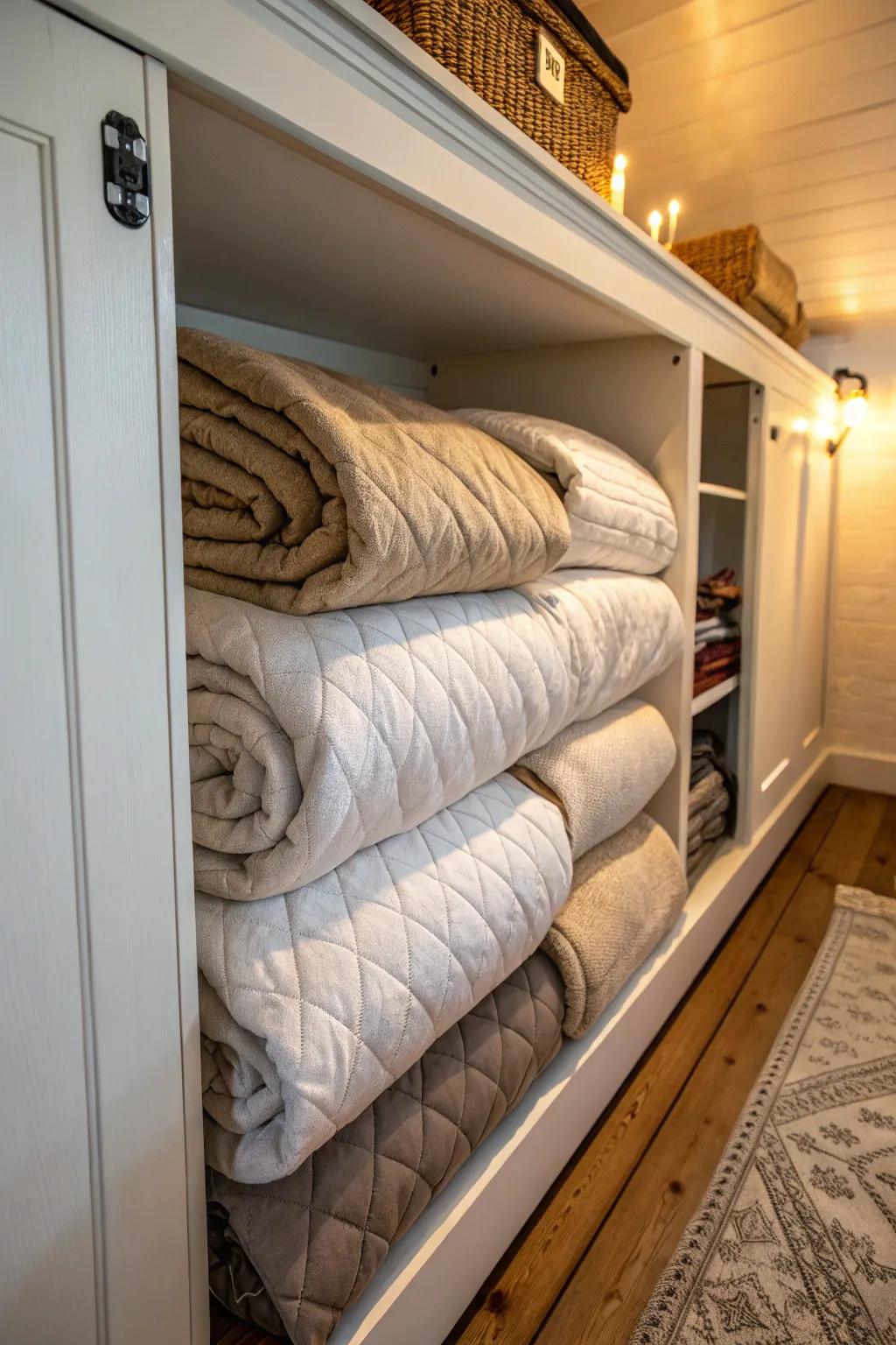 A hidden corner offers a clever storage solution for duvets.
