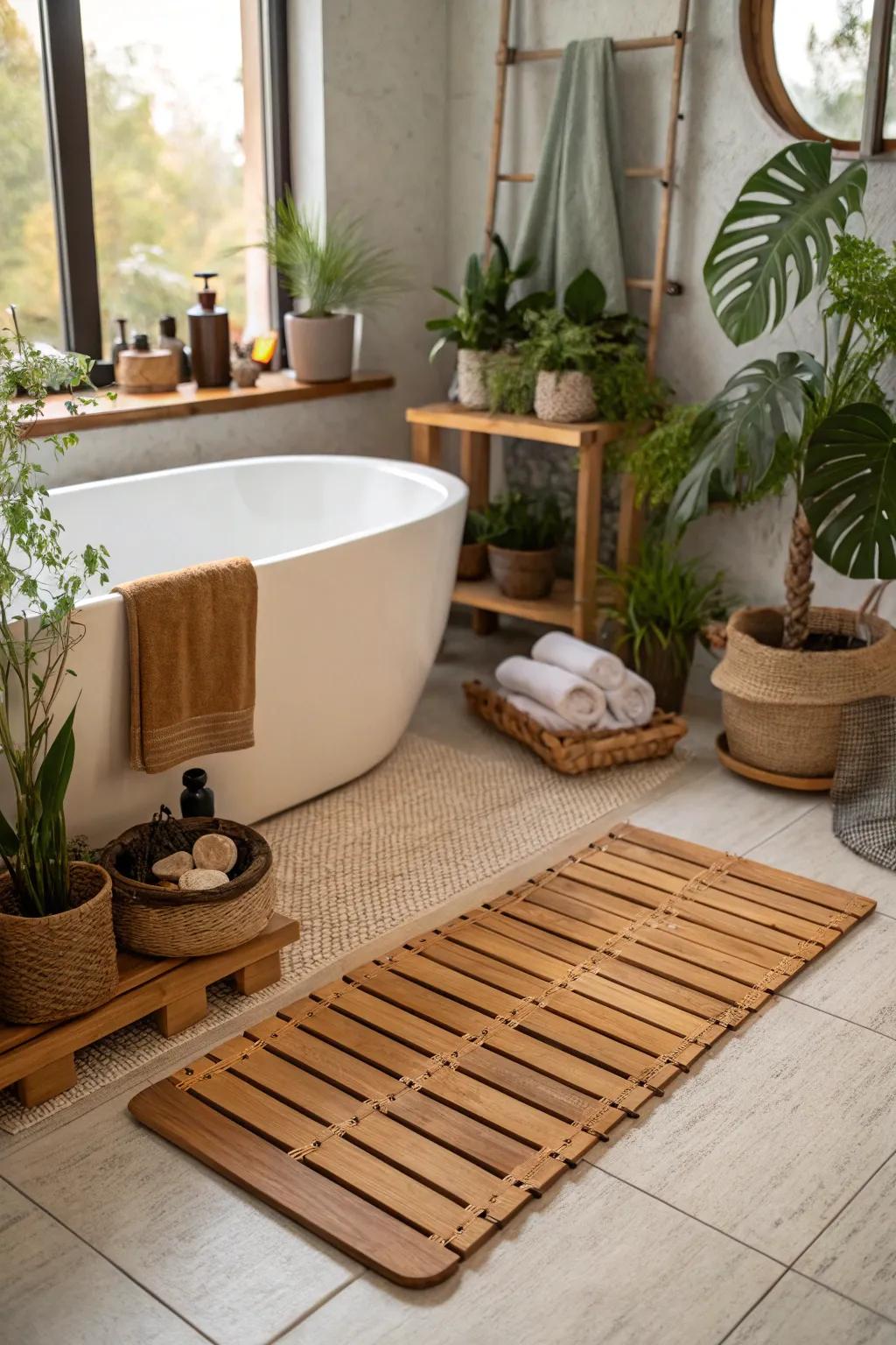 A wood floor covering adds spa-like sophistication to the bathroom.