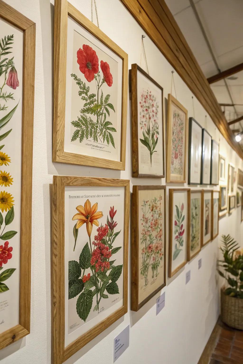 A wall embellished with floral renderings, evoking a touch of nature.
