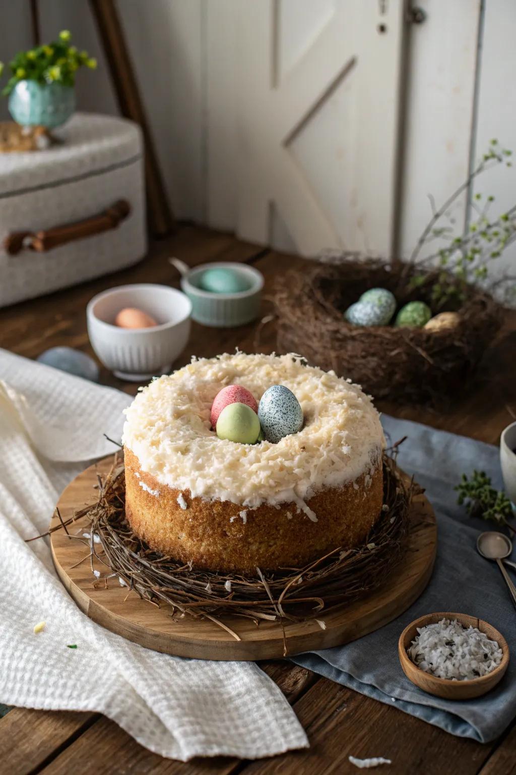 Coconut chips fashion a charming nest effect atop this cake.