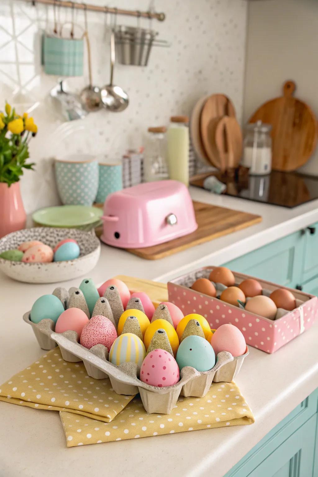 Ornamental egg containers constitute a chic and straightforward centerpiece.