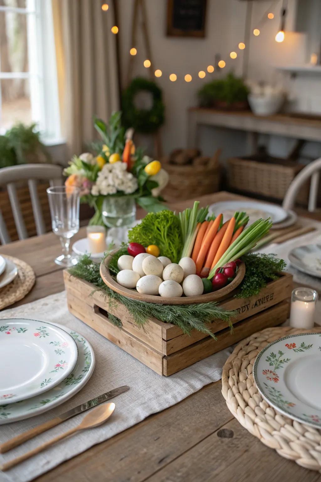 An edible veggie showpiece adds a wholesome variation to the Easter decorations.
