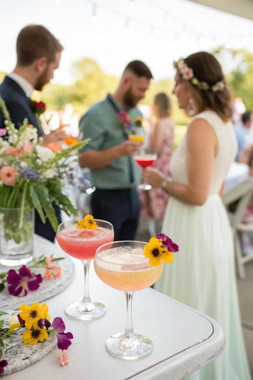 Spring cocktails garnished with edible florals at a wedding reception.