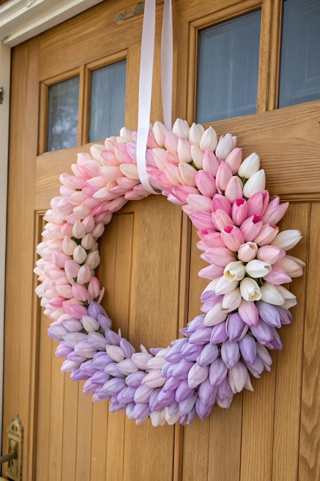 A stunning Easter wreath with a chromatic transition tulip design, adding a vibrant gradient to your decor.