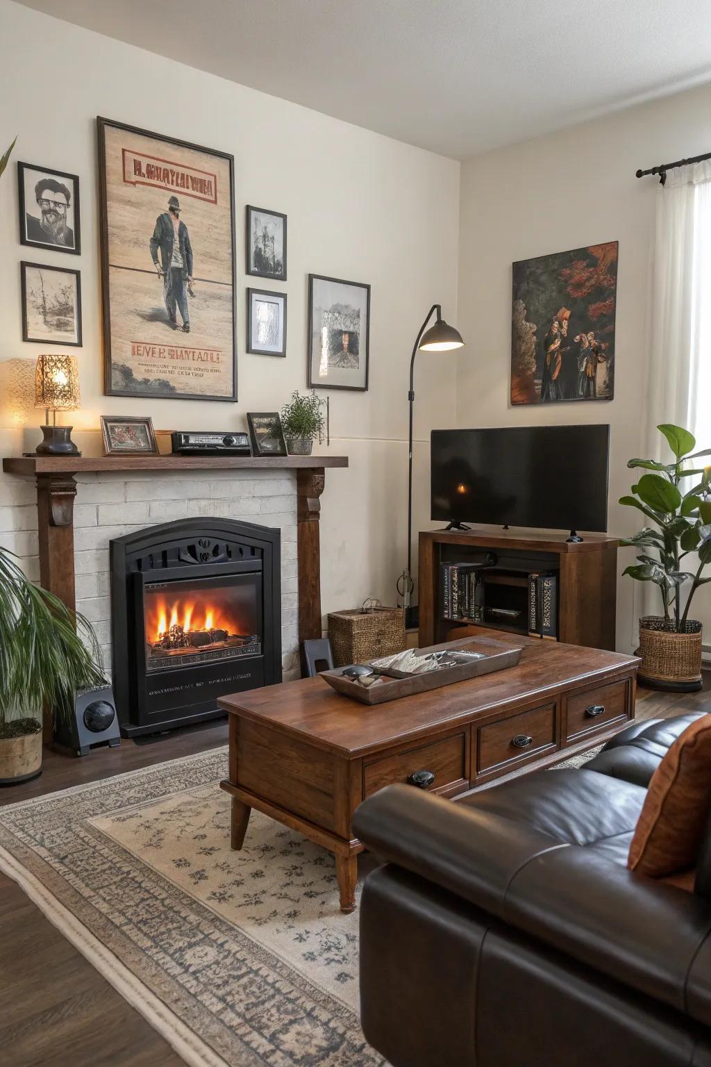 A residing room blending vintage decor and a current electric heatbox