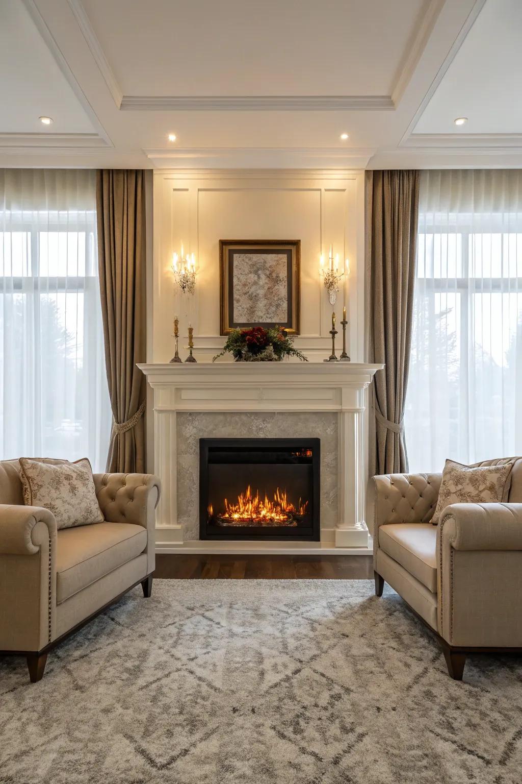 A symmetrical living room setup features a central electric fireplace.