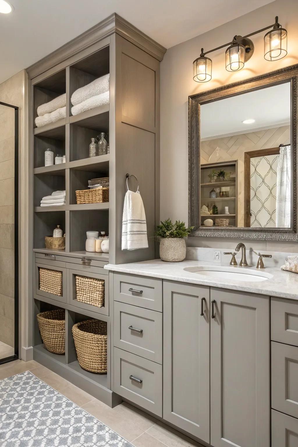 Tailored storage ideas maintain elegance in this bathroom.