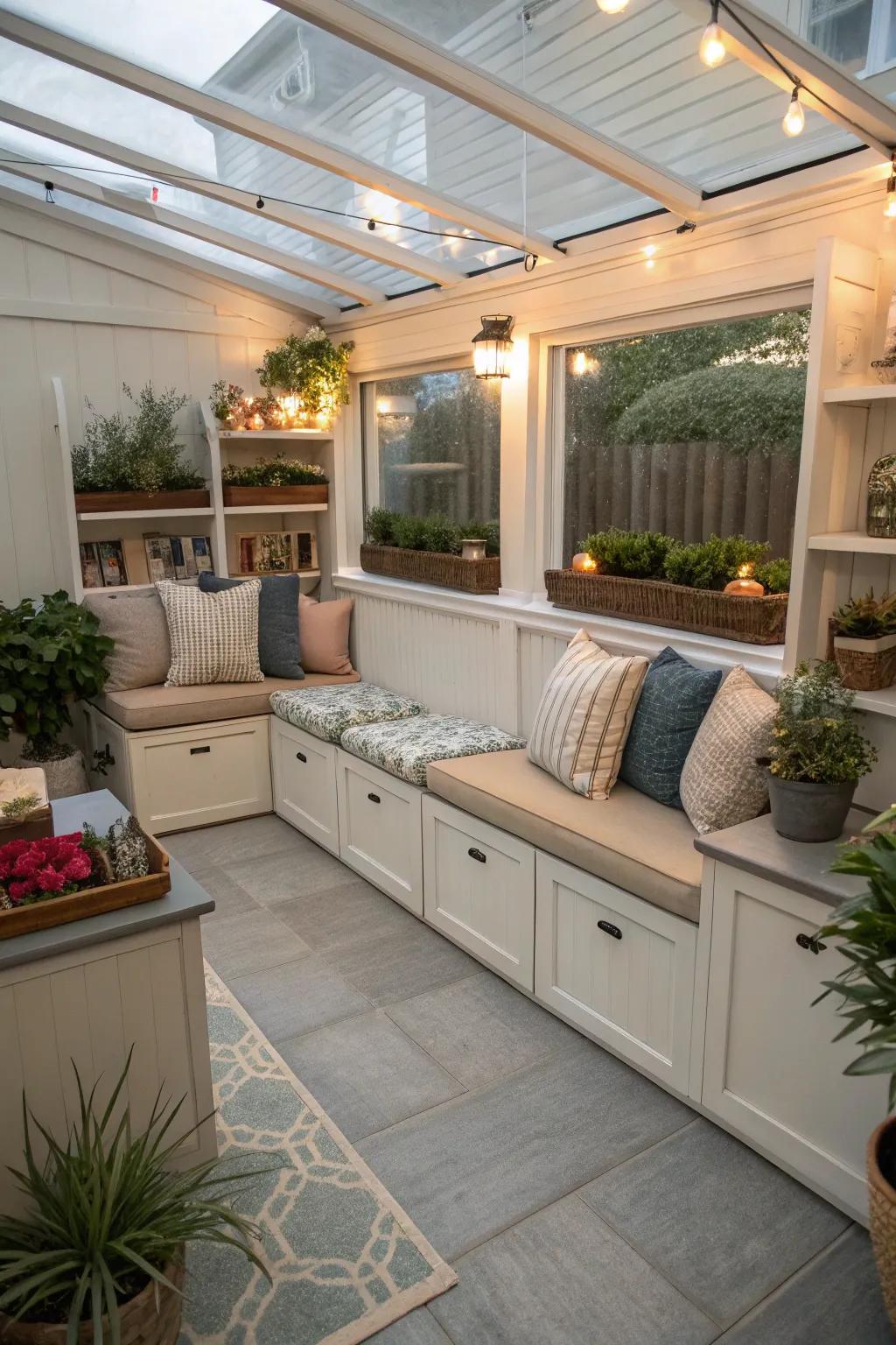 An immaculate and orderly patio featuring integrated shelving solutions.