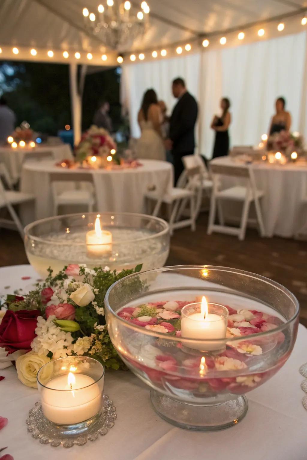 Illuminated candles create a romantic centerpiece alternative.