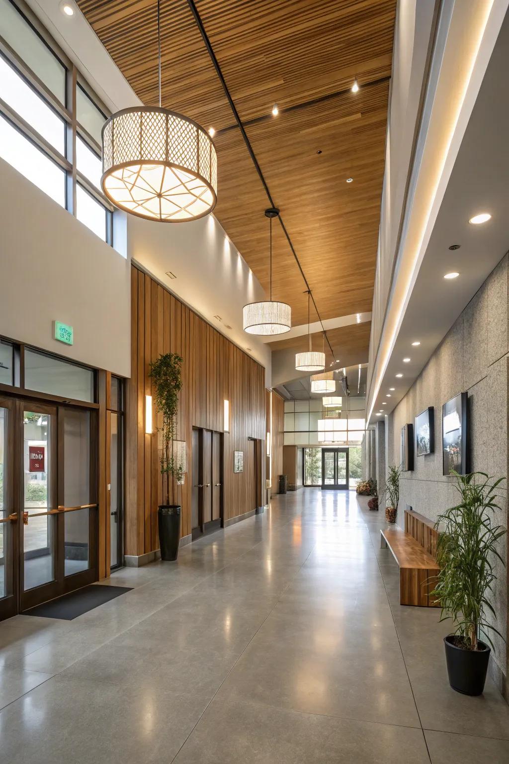 Eco-friendly lighting adds a sustainable touch to this modern entrance.
